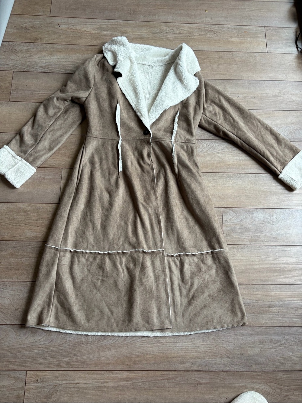 SHEIN Taupe Faux Suede Trench Coat with Cream Shearling - Picture 2 of 6